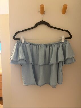 Zara Light Blue Denim Off-Shoulder Ruffle Top